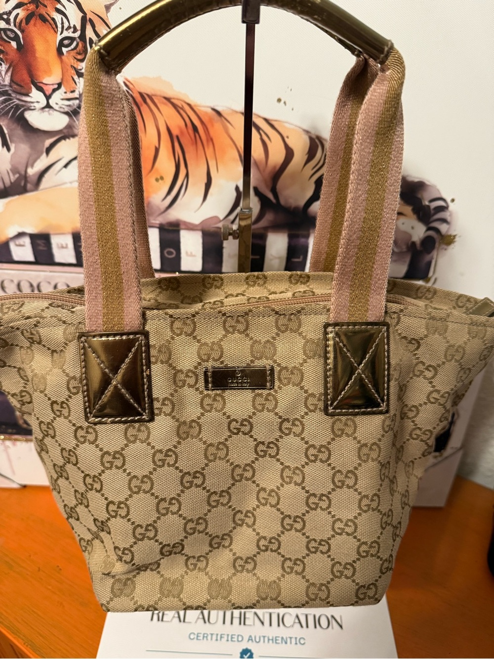 Gucci Beige GG Canvas Tote with Pink-Trim Straps with COA